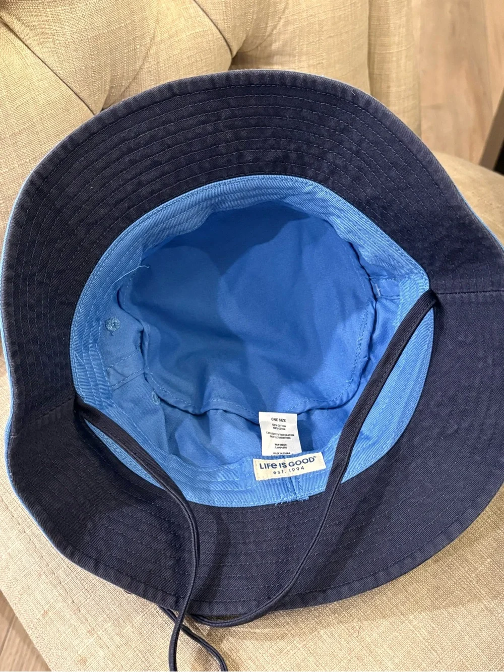 NEW Life is Good Cornflower Blue Bucket Hat Sun Hat Chin Strap One Size Cotton